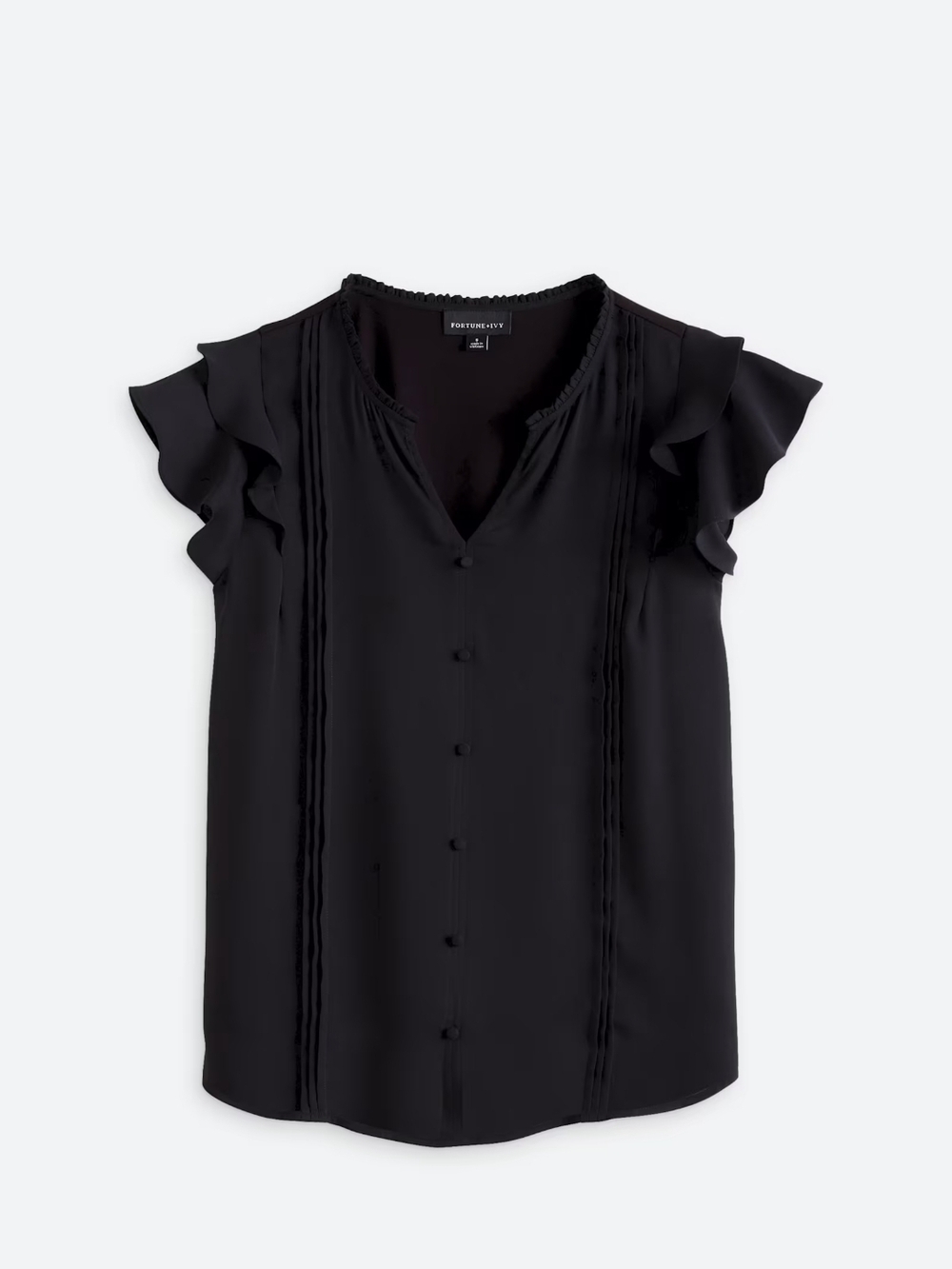Ruffled Cap-Sleeve Button-Front Blouse in Black